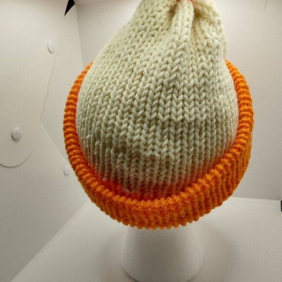 Handmade Hat Orange Ivory Unisex Winter Knit Warm Beanie Slouchy Ski Cap Pom Pom - Picture 3 of 7